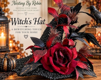 Witch Hat Halloween Centerpiece, Gothic Floral Arrangement, Burgundy Rose Witch Decor, Black Halloween Table Decor, Handmade Fall Decor