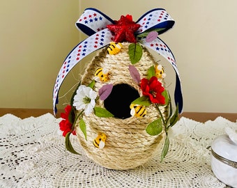 Patriotic Beehive Decor, Bee Skep, 4th of July Centerpiece, Memorial Day Table Decor, Veterans Day, Patriotic Porch Decor, Bumblebee Hive