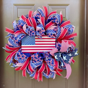 Patriotic Front Door Wreath, July 4th Party Decor, Red White and Blue Wreath, Memorial Day Decor, Americana Decor image 2