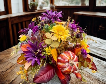 Fall Floral Arrangement: Purple Mums, Pumpkin, Eucalyptus - Thanksgiving Decor