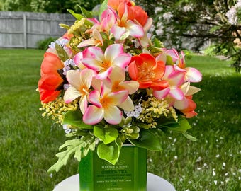 Faux Ranunculus & Plumeria Floral Arrangement in Vintage Tea Tin