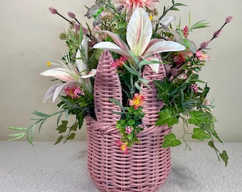 Pink Bunny Floral Arrangement, Easter Bunny Centerpiece, Spring Wildflower Decor, Spring Table Decor, Wicker Bunny Easter Decoration