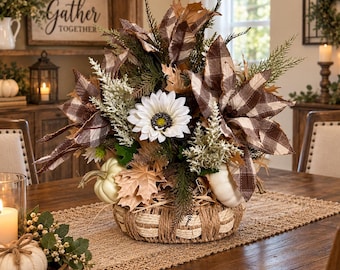 Fall Floral Arrangement in Woven Basket, White Sunflower Centerpiece, Plaid Poinsettias, Neutral Pumpkin Farmhouse Decor
