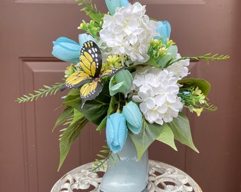 Spring Rainboot Silk Flower Arrangement with Butterfly, Handmade Spring Tulip and Hydrangea Flower Arrangement, Spring Table Arrangement