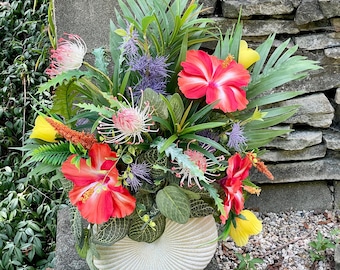 Tropical Hibiscus Faux Floral Arrangement In Shell Ceramic Planter, Coastal Decor, Tropical Centerpiece