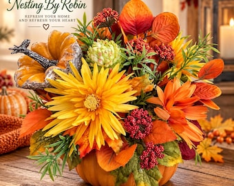 Fall Floral Arrangement, Pumpkin Centerpiece, Autumn Table Decor, Sunflower Arrangement, Thanksgiving Centerpiece, Farmhouse Fall Decor