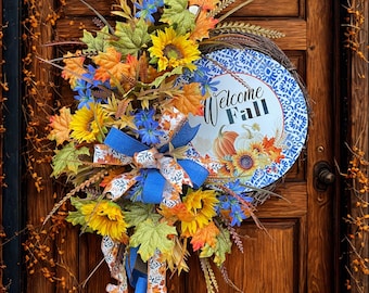 Handmade Sunflower Wreath: Fall Chinoiserie Pumpkin Decor