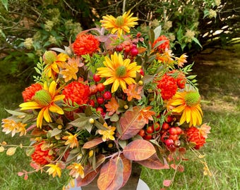 Rustic Fall Floral Arrangement: Farmhouse Coneflowers & Marigolds