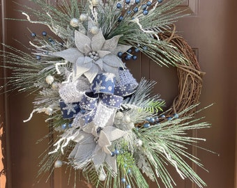 Silver Poinsettia Wreath, Christmas Wreath, Winter Wreath