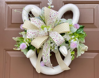 Cream Flocked Bunny Head Wreath, Easter Bunny Wreath, Spring Door Wreath with Lamb Ear, Clover Cream Tulips, Farmhouse Easter Decor