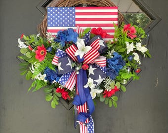 Patriotic Grapevine Wreath | Americana Front Door Decor | Red White & Blue Wreath | Metal USA Flag Wreath | Fourth of July Door Hanger