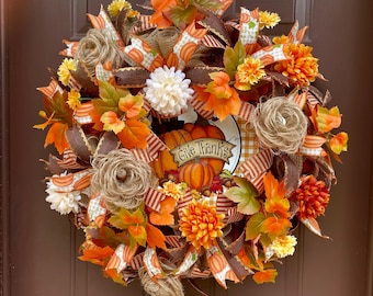 Farmhouse Fall Mesh Wreath with Mums and Burlap Flowers   Rustic Thanksgiving Front Door Decor