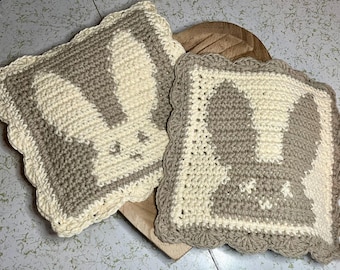 Crocheted Easter Bunny Pot Holders: Burlap & Cream Cotton Hot Pads (Set of 2)