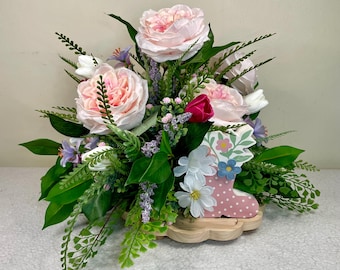 Mother's Day Floral Arrangement, Spring Centerpiece, Pink Peonies & Tulips, Wooden Scalloped Tray Decor, Tabletop Floral