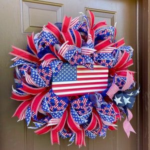 Patriotic Front Door Wreath, July 4th Party Decor, Red White and Blue Wreath, Memorial Day Decor, Americana Decor image 8