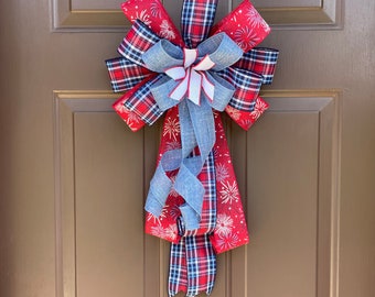 Patriotic Bow for Front Door, Celebration Bow Door Hanger Lamp Post July 4th Bow Americana Bow for Independence Day Memorial Day Veteran Day