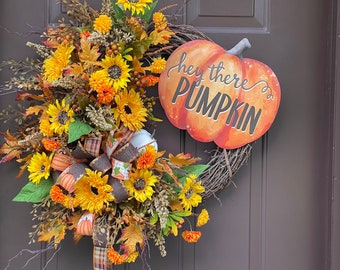 Sunflower Pumpkin Fall Wreath: Harvest Floral Door Decor