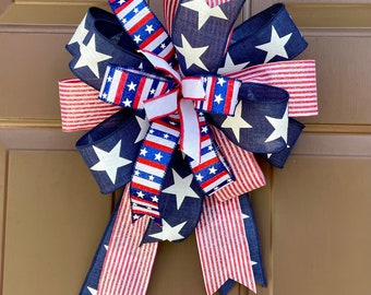 Stars and Stripe Patriotic Bow, Patriotic Bow for Wreath Lamp Post July 4th Bow Americana Bow for Independence Day Memorial Day Veteran Day