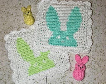 Crocheted Easter Bunny Pot Holders: Cotton Kitchen Hot Pads, Set of Two