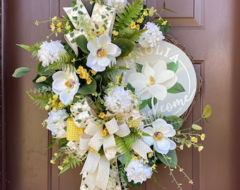Magnolia-Hydrangea Wreath For Front Door, Magnolia Farmhouse Decor, Entryway Magnolia-Hydrangea Wreath