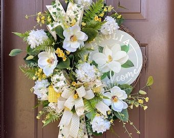 Magnolia-Hydrangea Wreath: Farmhouse Front Door Decor