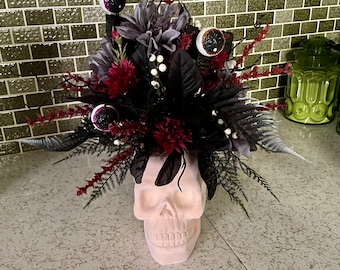 Gothic Skull Flower Arrangement: Halloween Centerpiece with Glitter Eyeballs