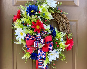 Floral Patriotic Wreath Red White and Blue Decor for Door Wreath Memorial Day Party Decor Independence Day Decoration Fourth of July 4th