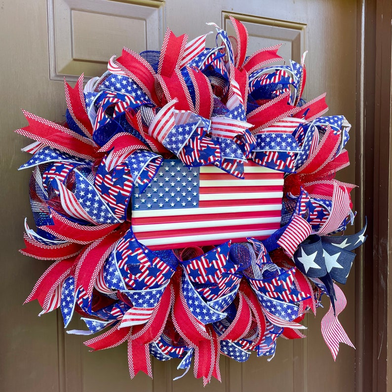 Patriotic Front Door Wreath, July 4th Party Decor, Red White and Blue Wreath, Memorial Day Decor, Americana Decor image 5