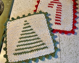 Crocheted Christmas Pot Holders: Winter Tree & Candy Cane Hot Pads
