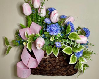 Spring Floral Basket Hanger: Faux Tulips, Mums, and Ivy