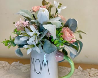 Mothers Day Faux Floral Arrangement in Rae Dunn Mom Mug, White Tulips & Ranunculus, Spring Gift for Mom, Farmhouse Floral Decor