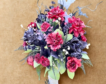 Gothic Halloween Candlestick Centerpiece: Dahlias, Black Roses & Glittered Ghosts