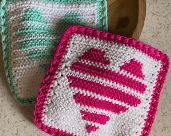 Crochet Heart Pot Holders: Valentine Kitchen Hot Pads, Set of Two