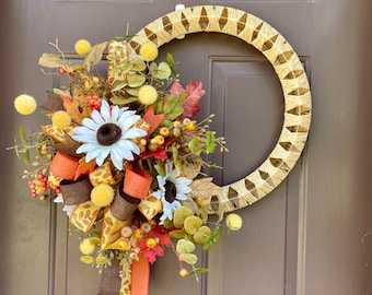 Sunflower Fall Wreath: Basket Weave, Autumn Leaves, Berries