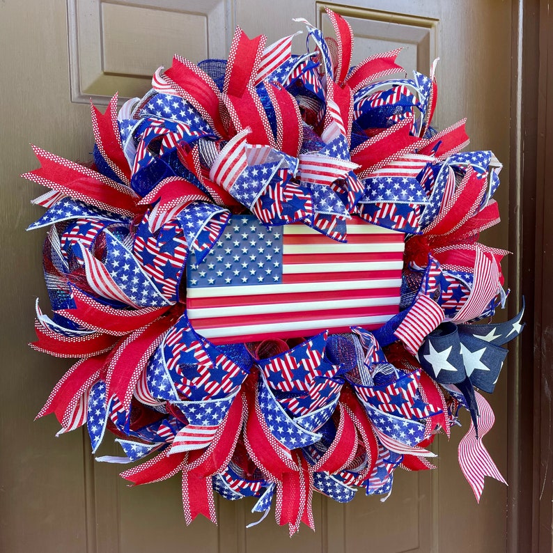 Patriotic Front Door Wreath, July 4th Party Decor, Red White and Blue Wreath, Memorial Day Decor, Americana Decor image 7