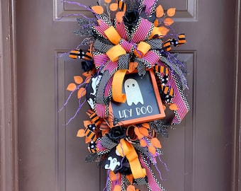 Hey Boo Ghost Halloween Wreath: Orange & Black Front Door Decor
