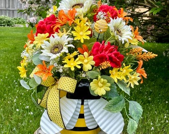 Sunflower & Geranium Faux Floral Arrangement: Bumblebee Planter, Summer Decor