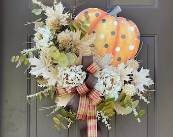 Polka Dot Pumpkin Fall Wreath: Muted Peony & Maple Leaf Decor