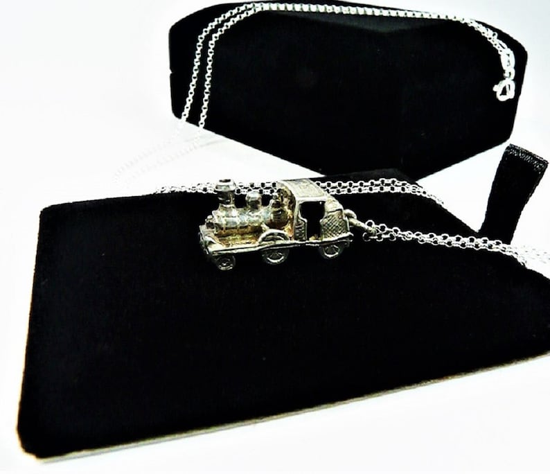 1950s British Handmade Sterling Silver Steam Train Charm With 45 cm Sterling Silver Necklace