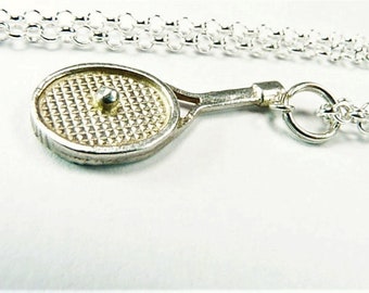 Sterling Silver Tennis Racket And Ball Pendant Charm With 18 Inch Sterling Necklace