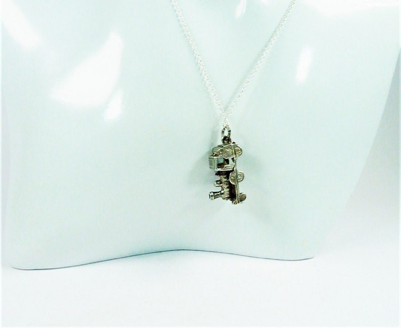 1950s British Handmade Sterling Silver Steam Train Charm With 45 cm Sterling Silver Necklace