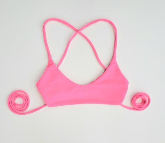 Neon Pink, Cross Back Bikini Top, Ribbed, Hot Pink Reversible