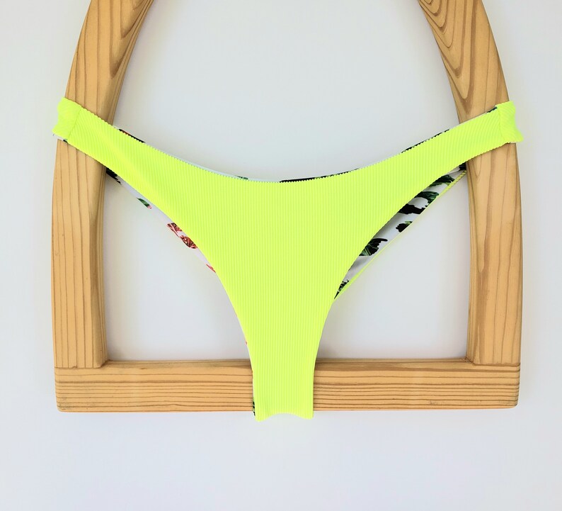 Neon Yellow Brazilian Ribbed Thong Bikini Bottom Reversible | Etsy