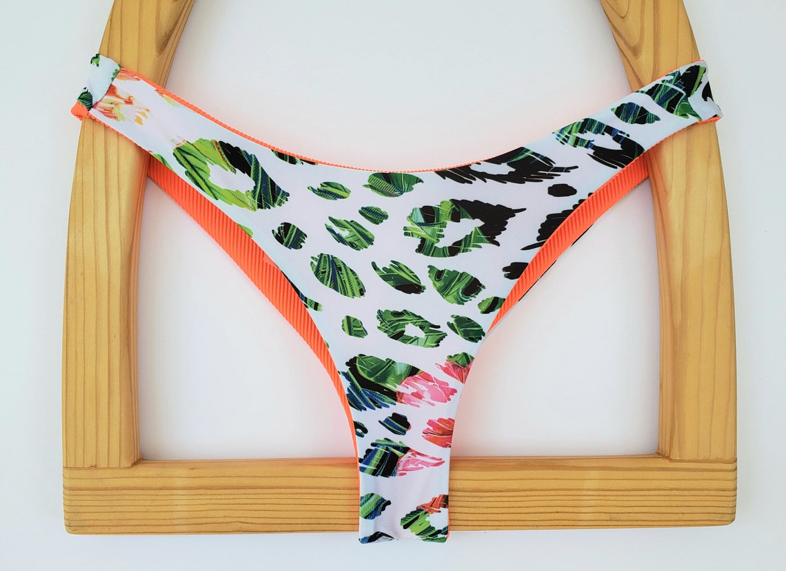 Neon Orange Brazilian Thong Bikini Bottom Reversible Bathing Etsy