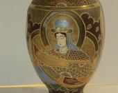 Vtg Or Antique Lg. Japanese Satsuma Vase W Gold Moriage Decoration, Signed