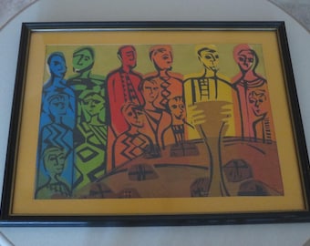 Original Wood Cut, Lino Cut Block Print, Thirteen Figures At A Table, Artist Signed On Back