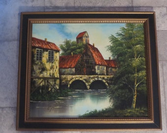 Vintage Cityscape Landscape Oil Painting On Canvas, Artist Signed