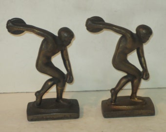 Vintage Jennings Bro's Bronzed Overlay Cast Iron Bookends of Male Discus Thrower