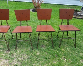 Bruce Gueswel MCM Chipotle Plywood and Steel Industrial Chairs, Set Of Four, (Local Pick Up Only, No Shipping )