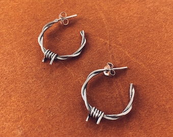 BARBED WIRE Sterling Silver Hoop Earrings. Handmade Barbed wire. Vintage Style Hoops. Small size silver hoops.